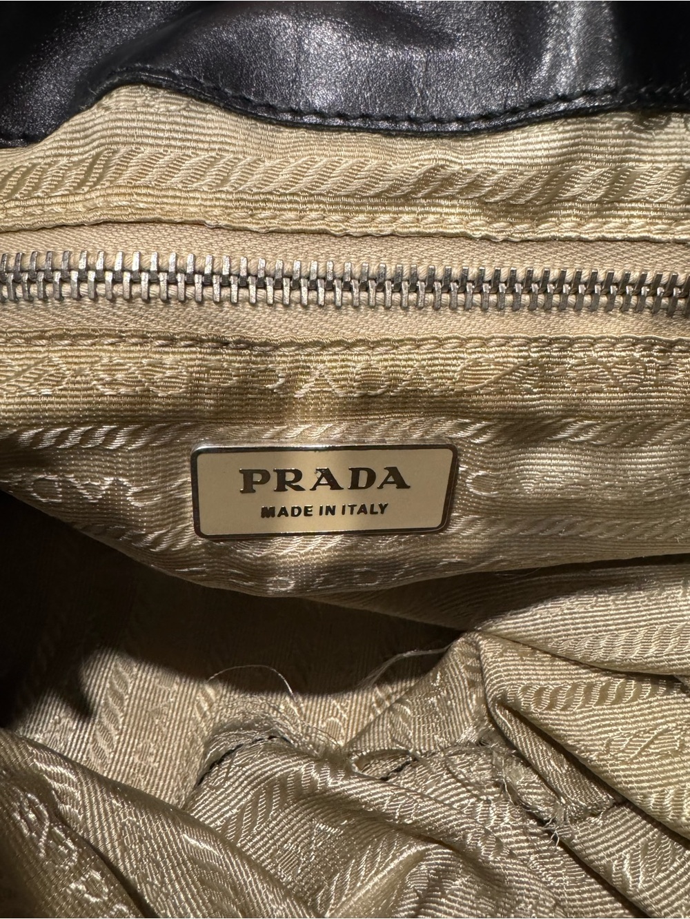 Prada Tessuto Moon Cream and Black Leather-Trim Shoulder Bag with Buckle Accent - Picture 5 of 7